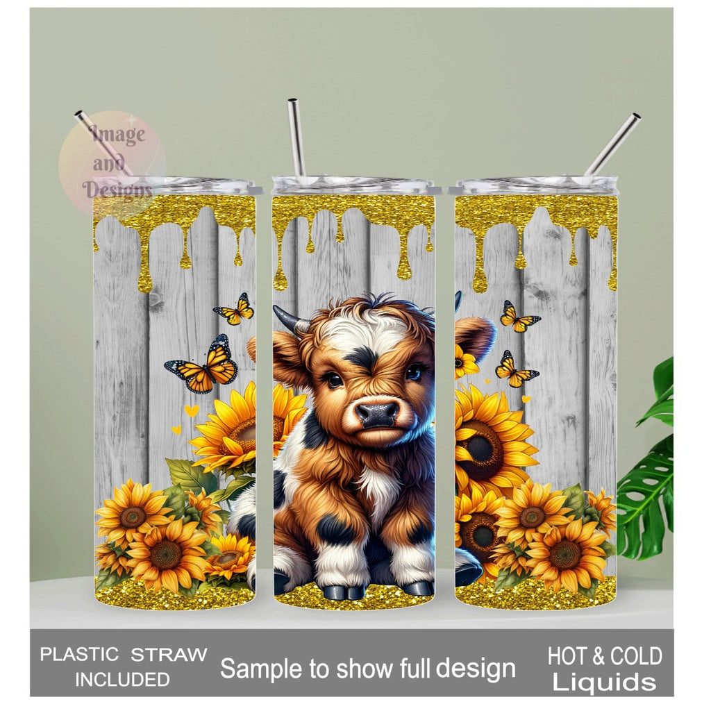 Highland Cow With A Glitter Design Tumbler 20oz With Reusable Straw, Can Be Personalized