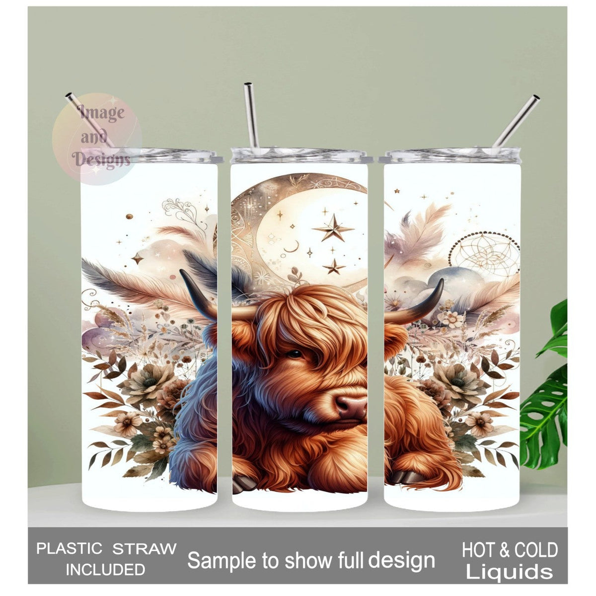 Boho Highland Cow Tumbler 20oz With Reusable Straw, Can Be Personalized