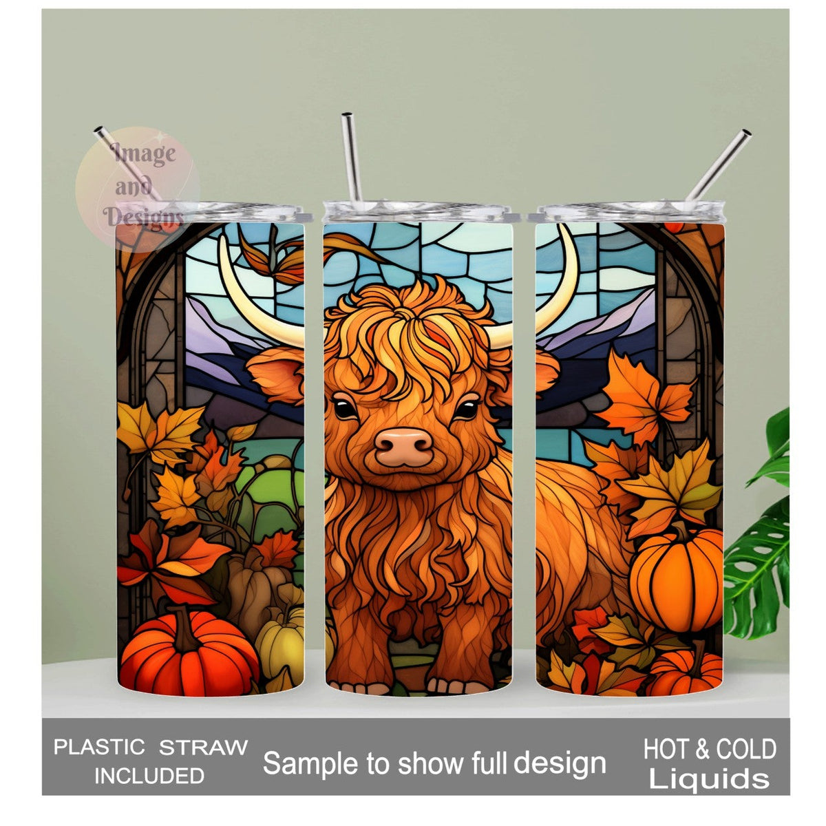 Highland Cow Fall Tumbler With A Stained Glass Design 20oz With Reusable Straw, Can Be Personalized