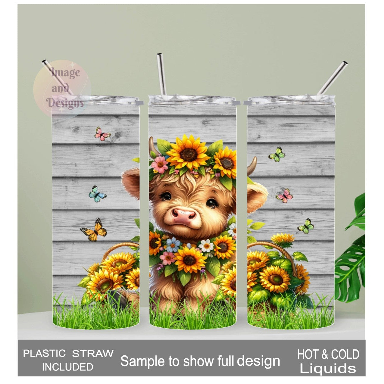 Floral Highland Cow Tumbler 20oz With Reusable Straw, Can Be Personalized