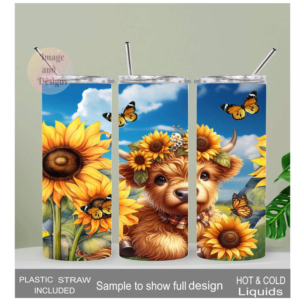 Highland Cow With Sunflowers Tumbler 20oz With Reusable Straw, Can Be Personalized
