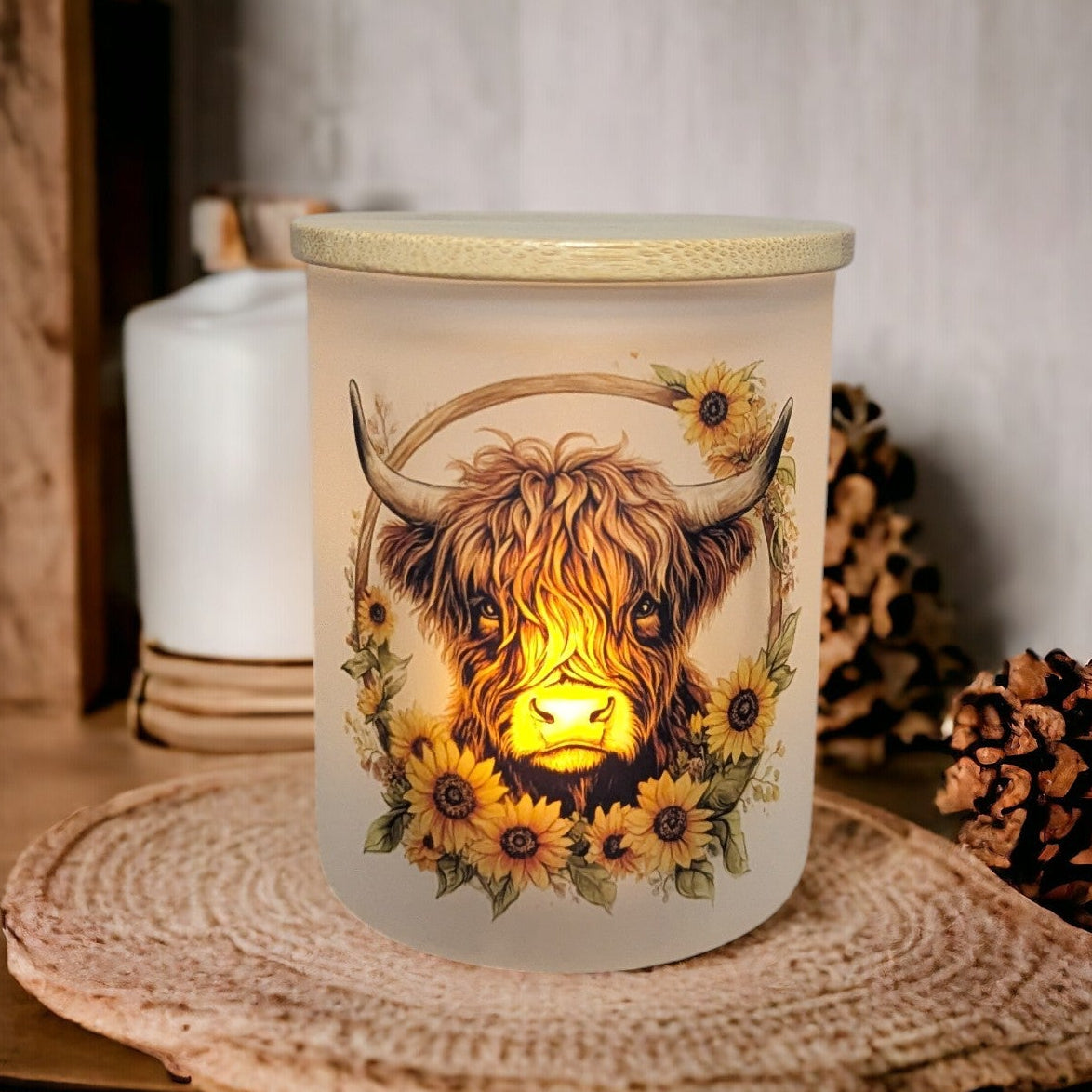Glass Highland Cow Candle Holder With A Battery Operated Flickering Tea Light