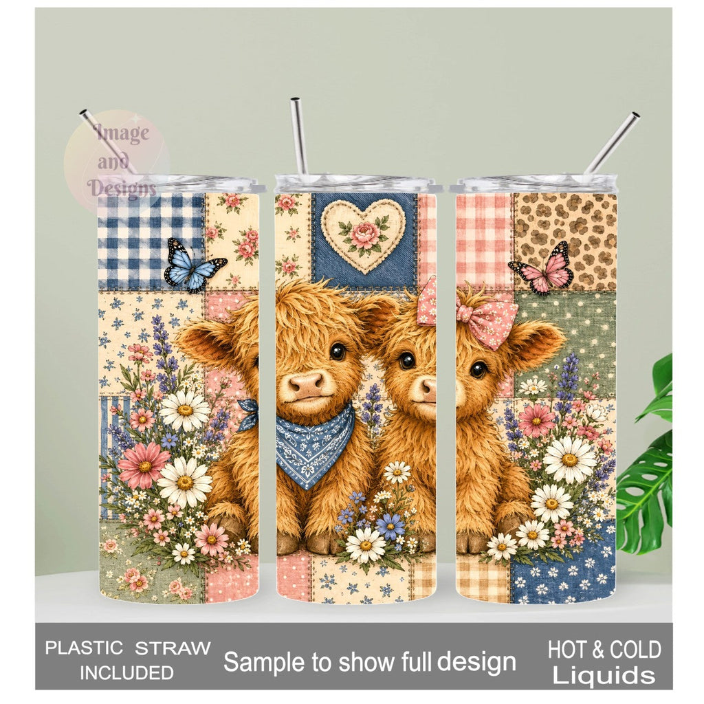 Highland Cow Patchwork Design Tumbler 20oz With Reusable Straw, Can Be Personalized