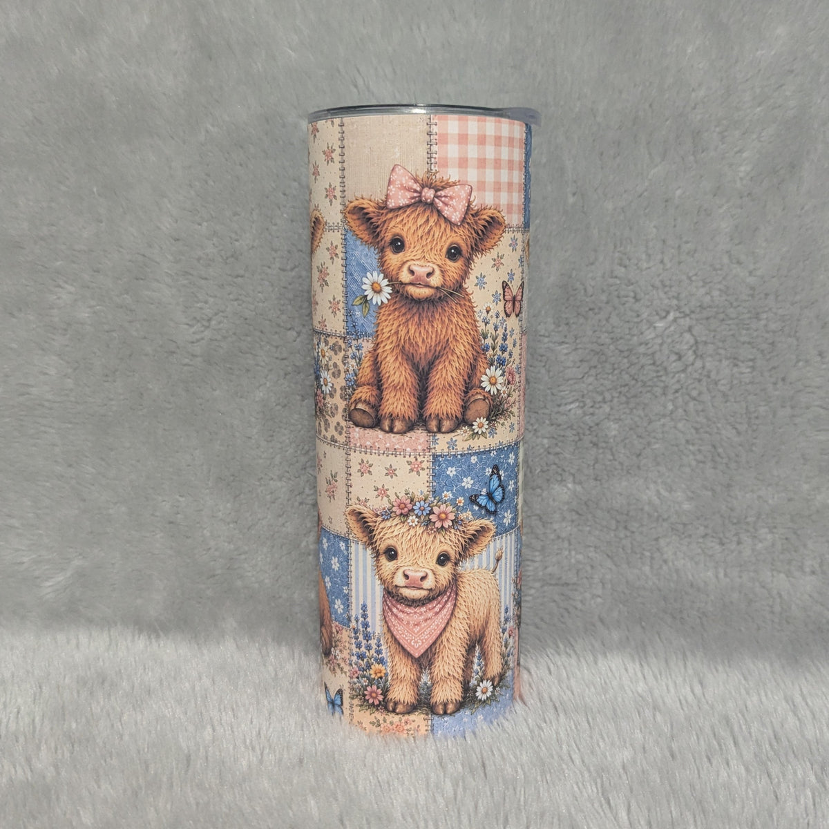 Highland Cow Patchwork Design 20oz Tumbler with Reusable Straw