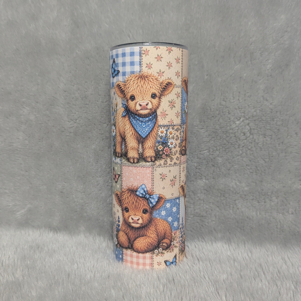 Highland Cow Patchwork Design 20oz Tumbler with Reusable Straw