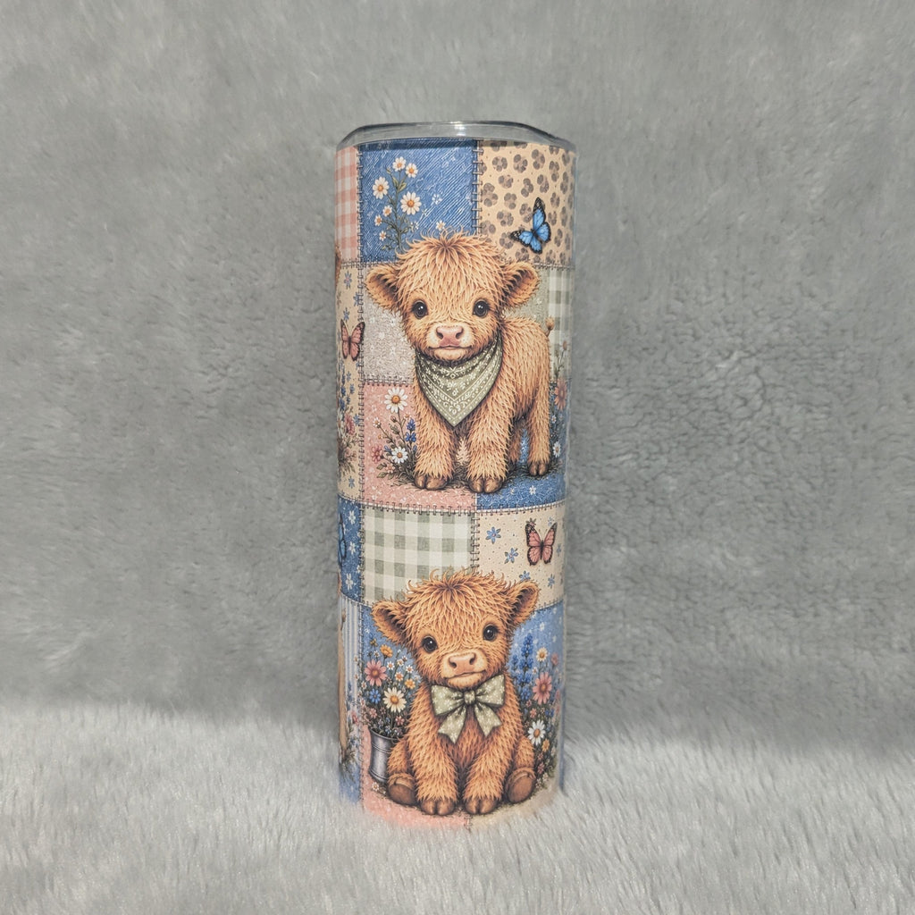 Highland Cow Patchwork Design 20oz Tumbler with Reusable Straw