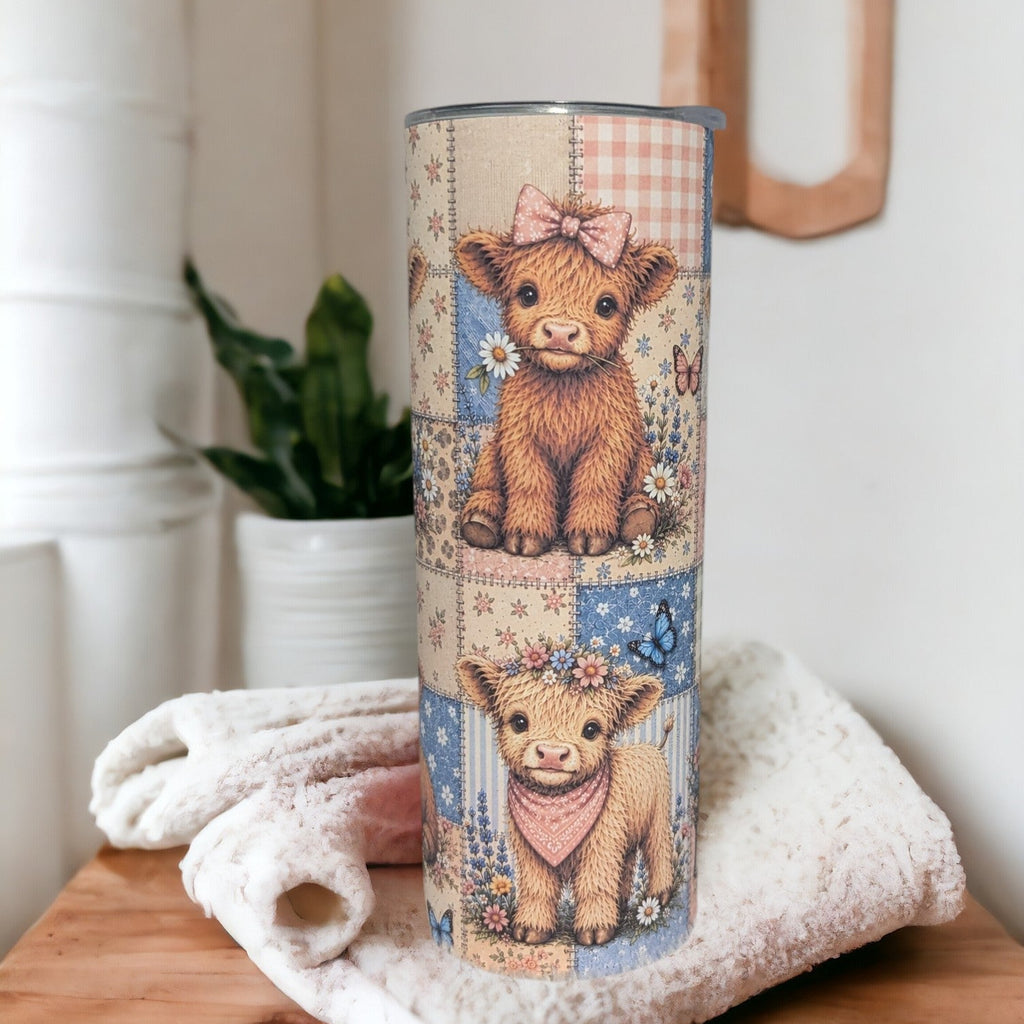 Highland Cow Patchwork Design 20oz Tumbler with Reusable Straw