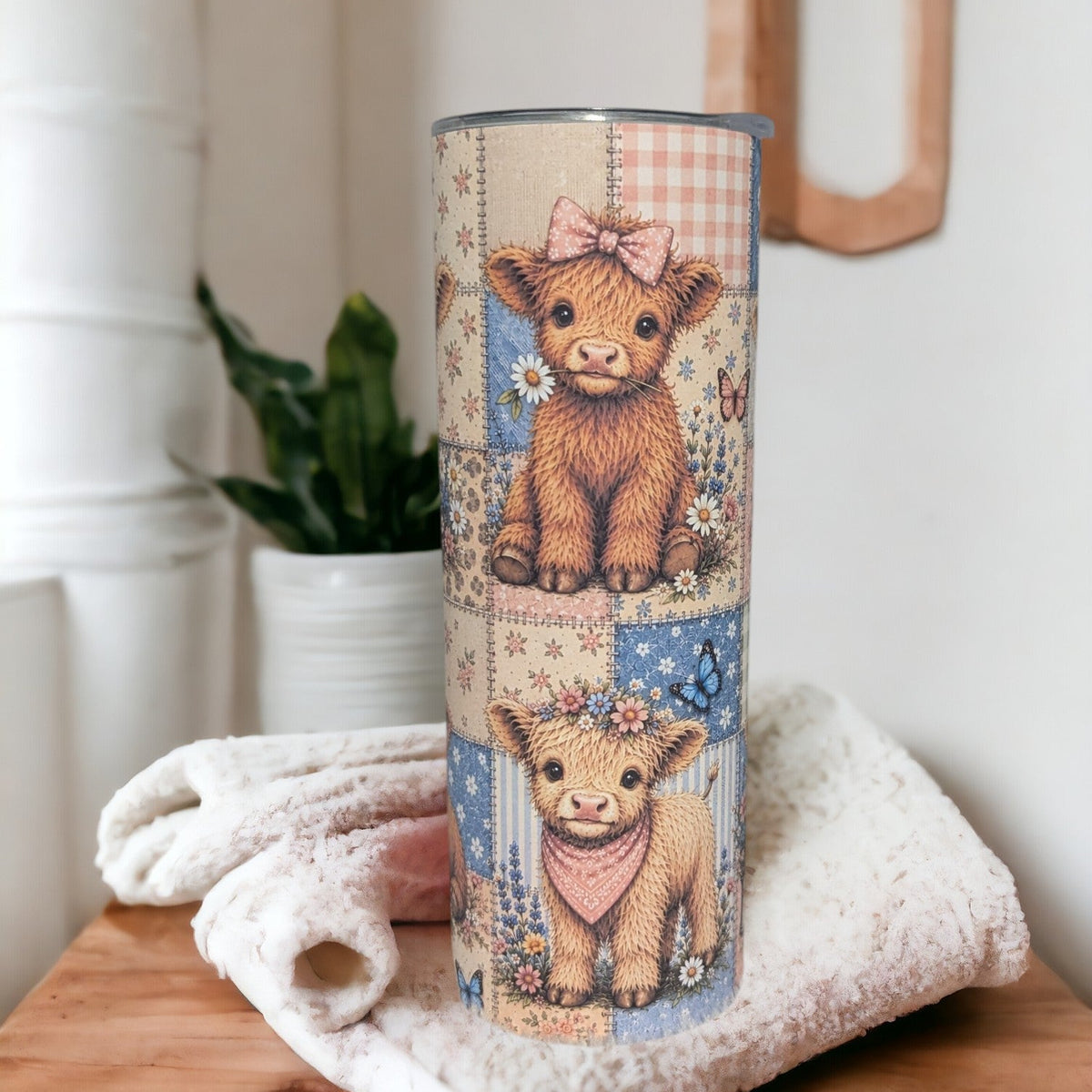 Highland Cow Patchwork Design 20oz Tumbler with Reusable Straw
