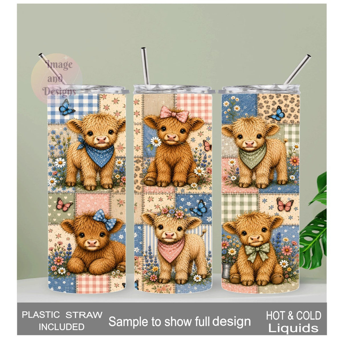 Highland Cow Patchwork Design 20oz Tumbler with Reusable Straw