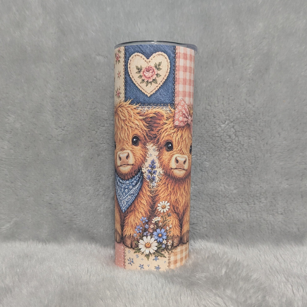 Highland Cow Patchwork Design Tumbler 20oz With Reusable Straw, Can Be Personalized
