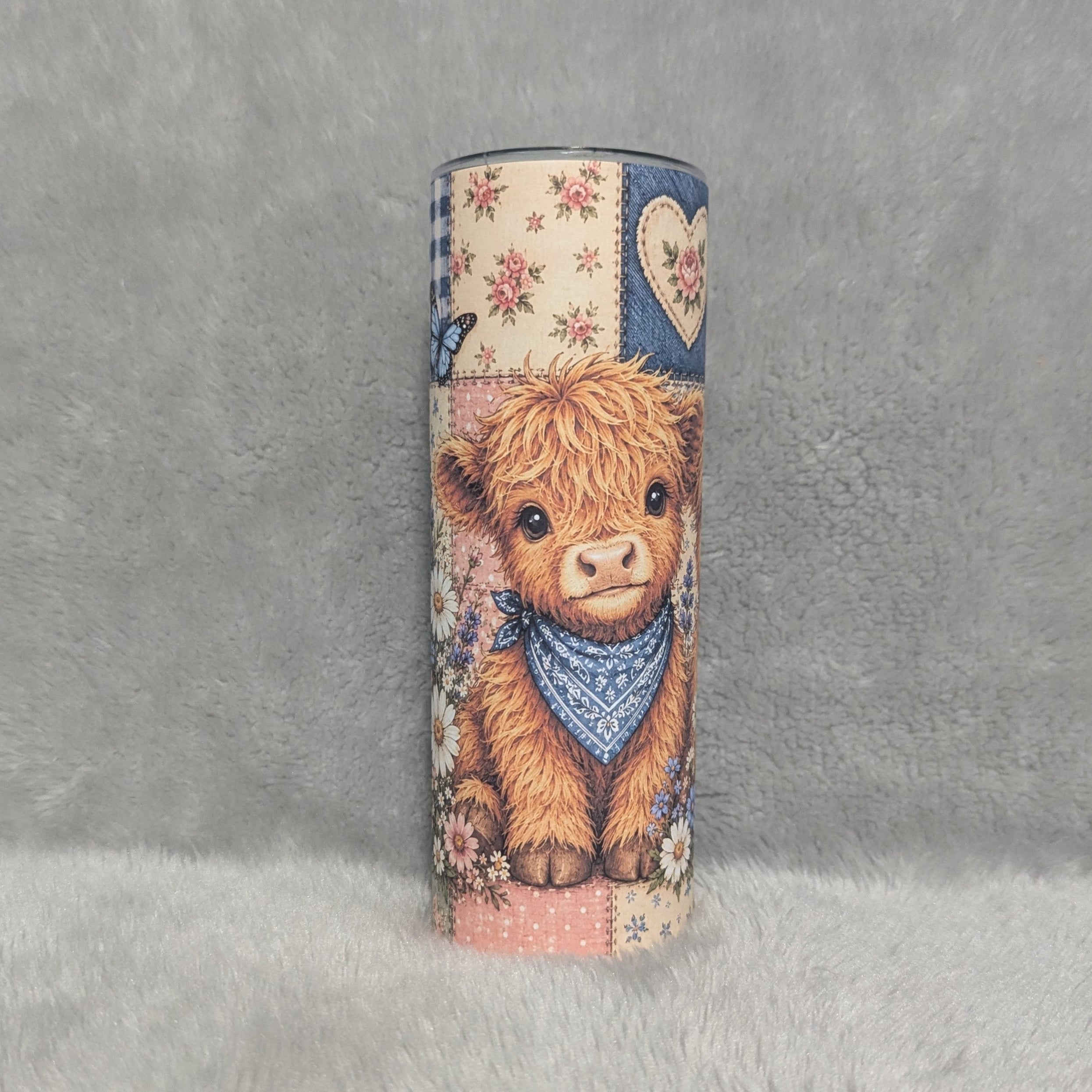 Highland Cow Patchwork Design Tumbler 20oz With Reusable Straw, Can Be Personalized