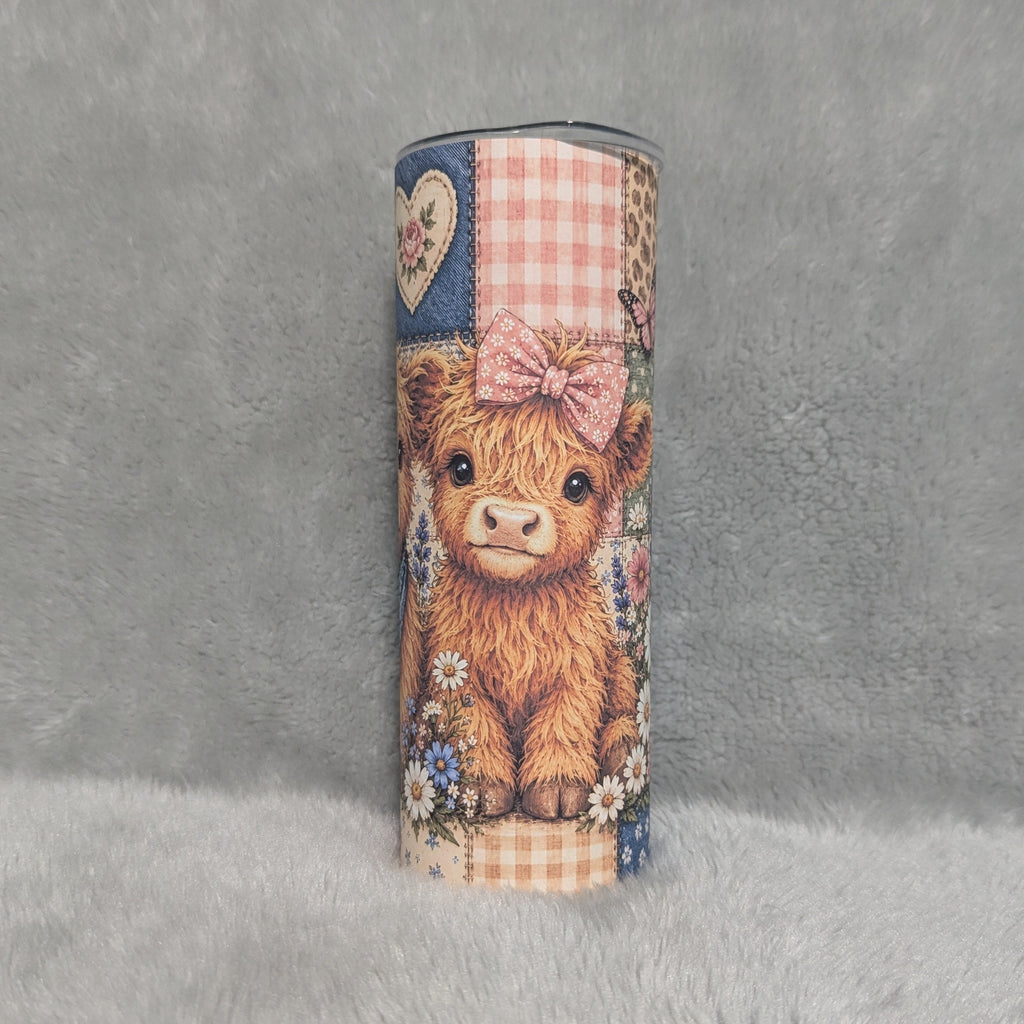 Highland Cow Patchwork Design Tumbler 20oz With Reusable Straw, Can Be Personalized