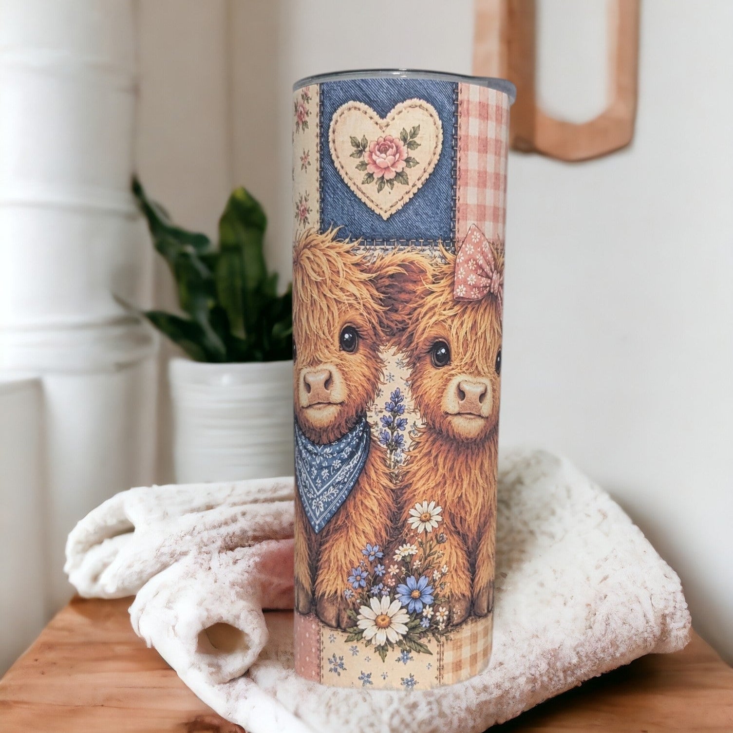 Highland Cow Patchwork Design Tumbler 20oz With Reusable Straw, Can Be Personalized