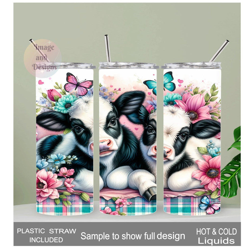 Floral Cow Tumbler  20oz With Reusable Straw, Can Be Personalized