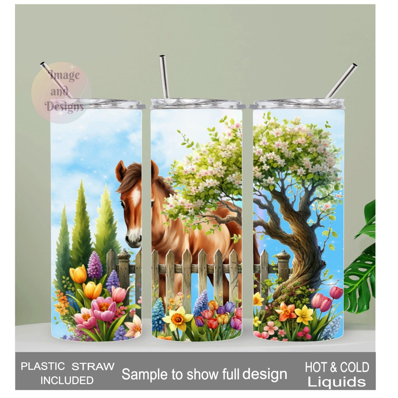 Horse - Pony Tumbler With Pretty Flowers 20oz With Reusable Straw, Can Be Personalized
