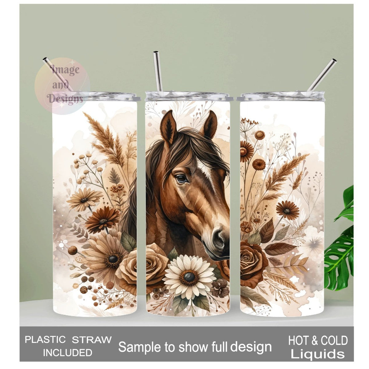 Horse Tumbler with Boho Flowers 20oz With Reusable Straw, Can Be Personalized