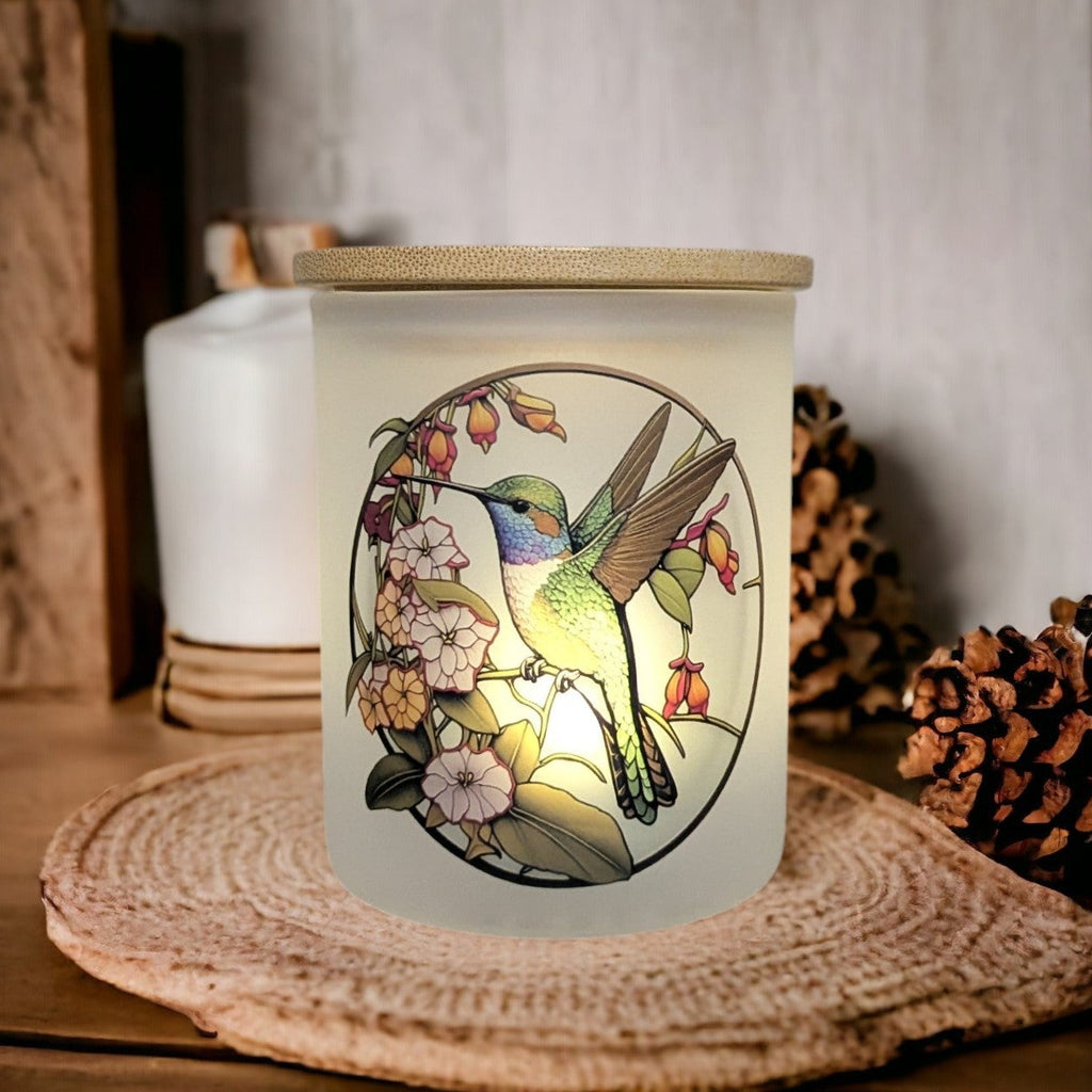 Glass Hummingbird Candle Holder With A Battery Operated Flickering Tea Light