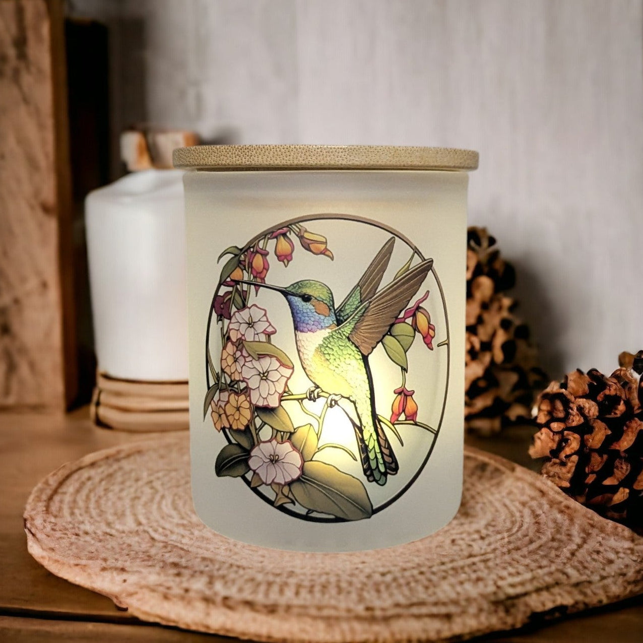 Glass Hummingbird Candle Holder With A Battery Operated Flickering Tea Light