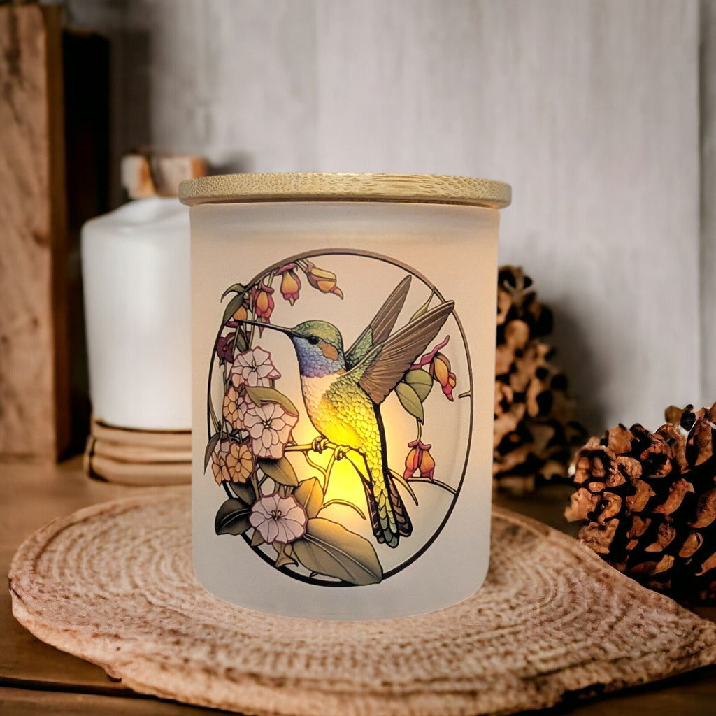 Glass Hummingbird Candle Holder With A Battery Operated Flickering Tea Light