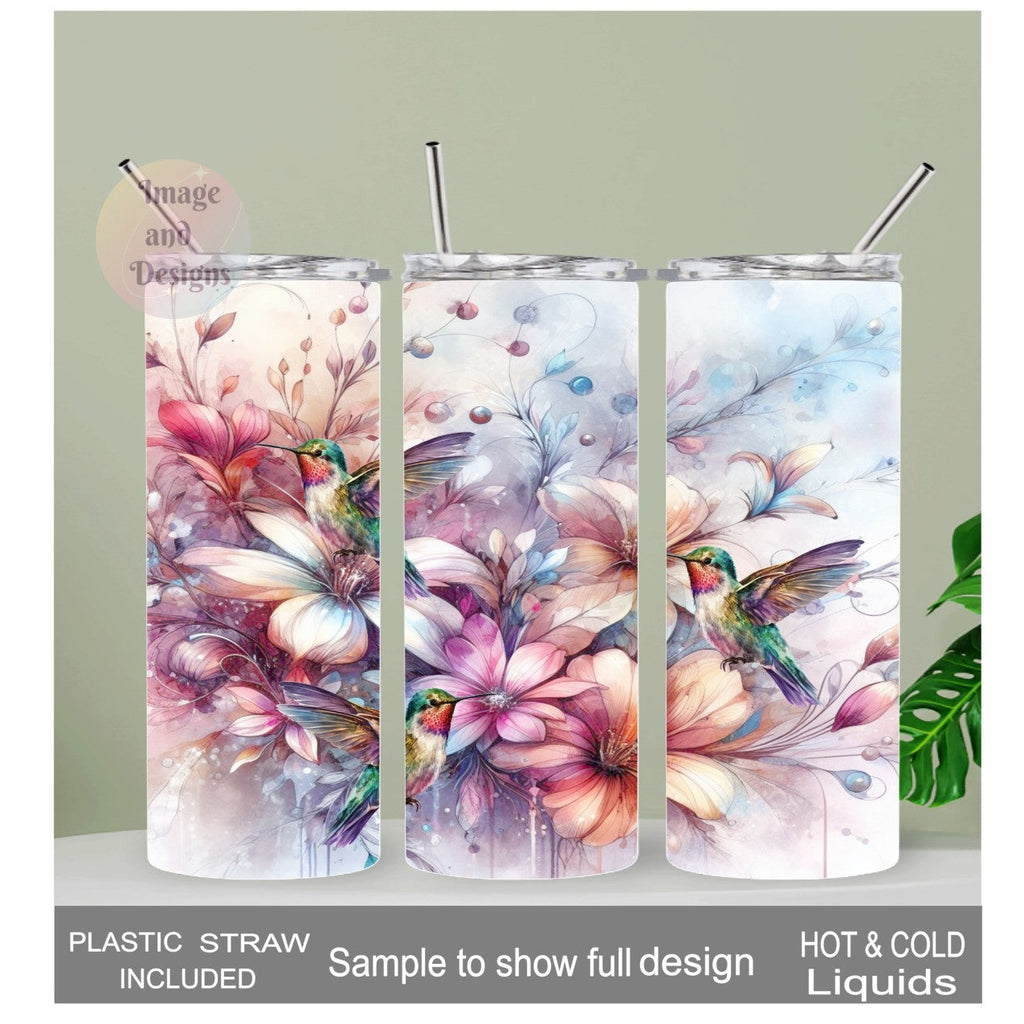 Floral Hummingbird Tumbler  20oz With Reusable Straw, Can Be Personalized