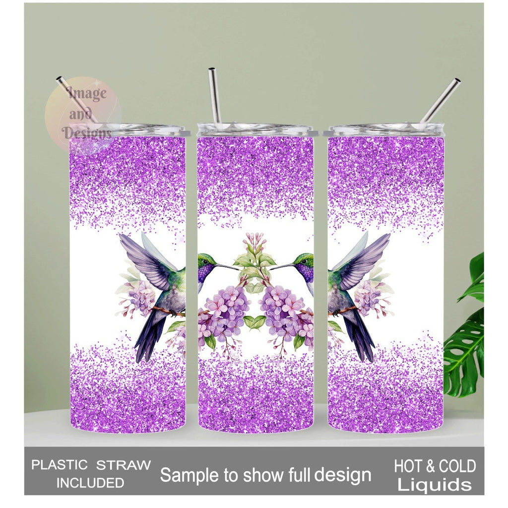 Hummingbird Tumbler with A Purple Glitter Design  20oz With Reusable Straw, Can Be Personalized