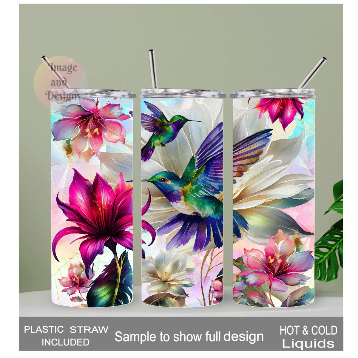 Floral Hummingbird Tumbler 20oz With Reusable Straw, Can Be Personalized