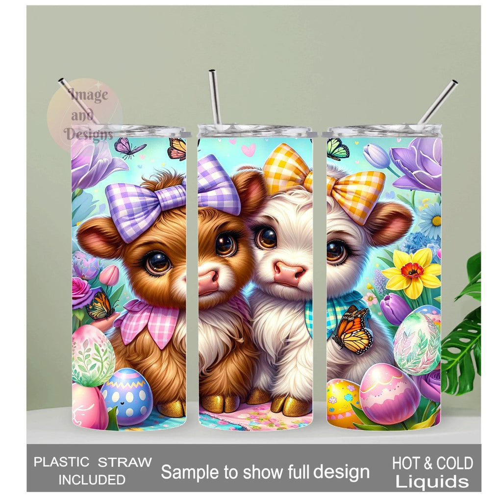 Easter Highland Cow Tumbler 20oz With Reusable Straw, Can Be Personalized