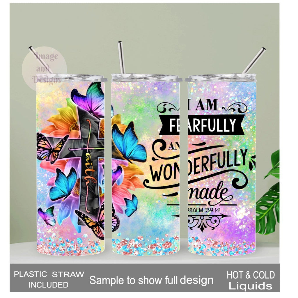 Religious Tumbler Psalm 139:14 - I Am Fearfully and Wonderfully Made, 20oz With Reusable Straw