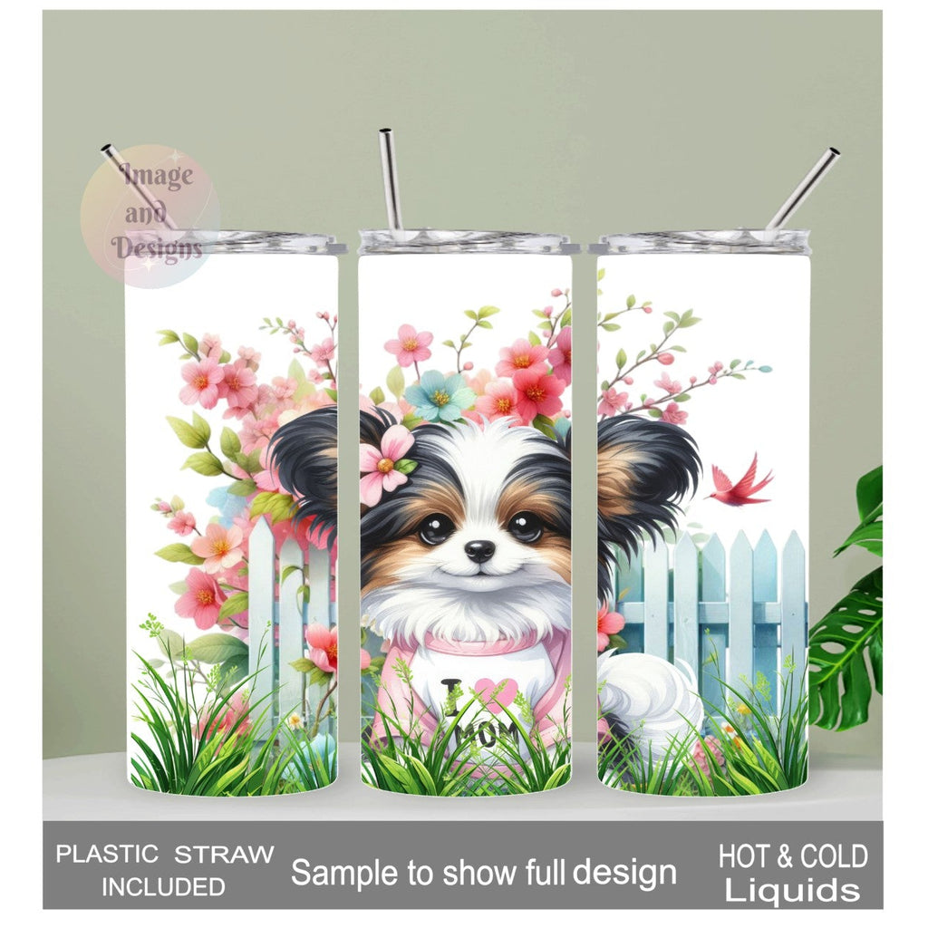 I Love Mom Papillon Dog Tumbler 20oz With Reusable Straw, Can Be Personalized
