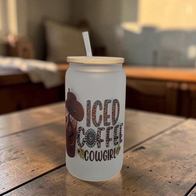 Cowgirl Frosted Glass 16oz With A Bamboo Lid and Reusable Straw
