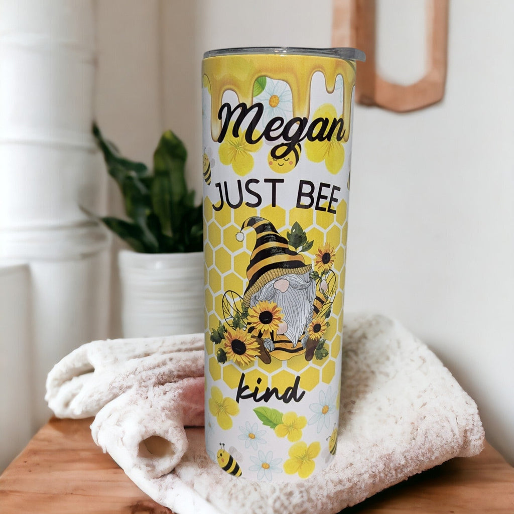 Just Bee Kind Honey Bee Gnome Tumbler 20oz With Reusable Straw, Can Be Personalized