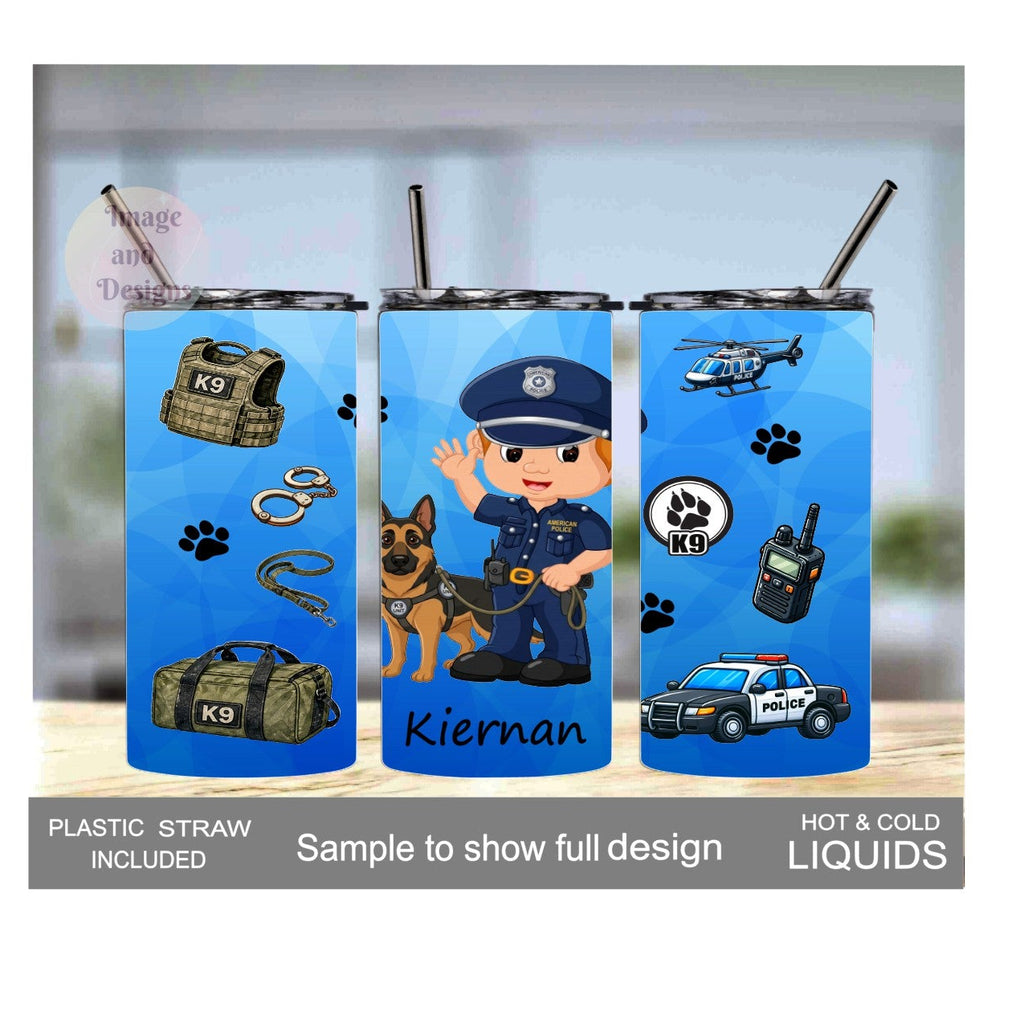 Boy Cop With K9 Dog 15oz Tumbler - 3 Hair Color Options - With Reusablw Straw, Can Be Personalized