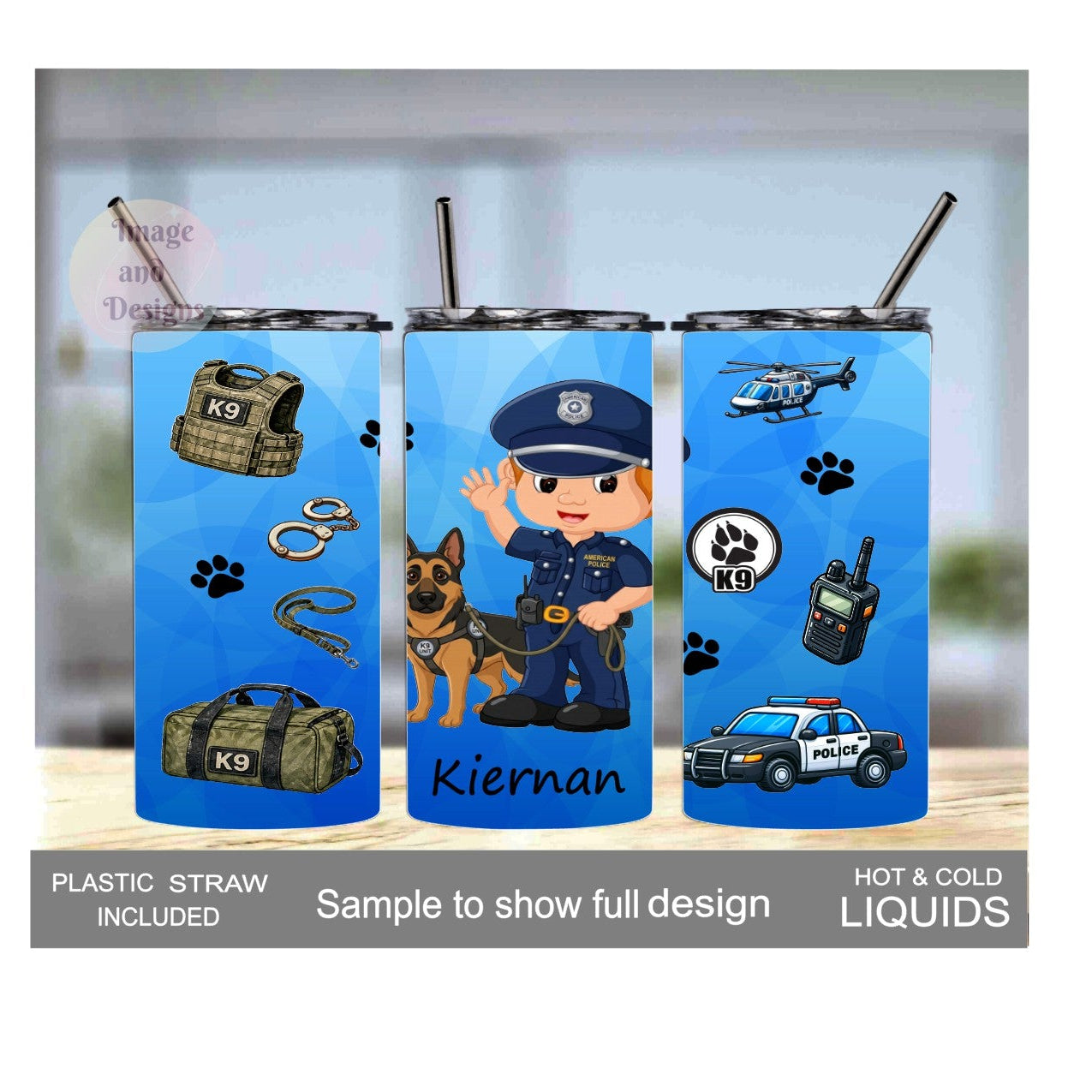 Boy Cop With K9 Dog 15oz Tumbler - 3 Hair Color Options - With Reusablw Straw, Can Be Personalized