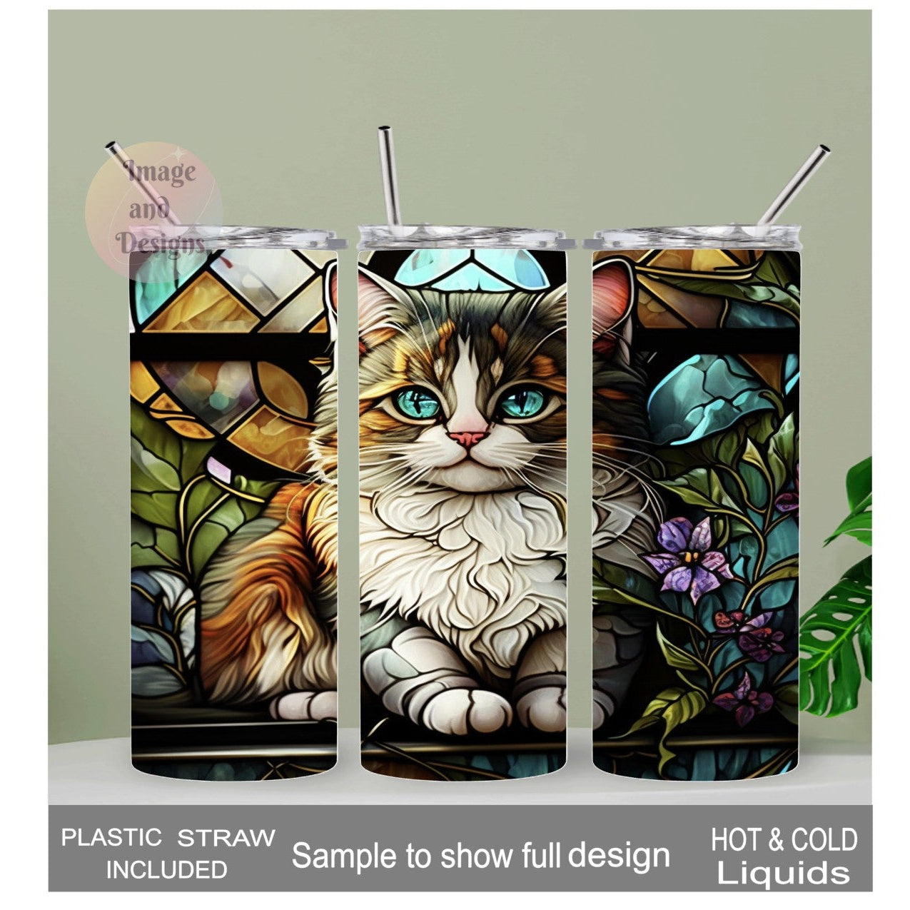 Cat/Kitten Tumbler with A Stained Glass Design 20oz With Reusable Straw, Can Be Personalized