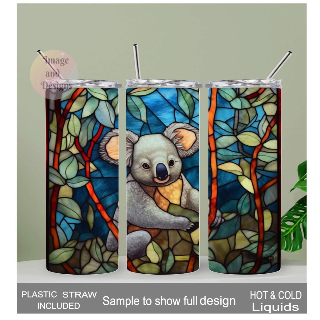 Koala Bear Tumbler with A Stained Glass Design 20oz With Reusable Straw, Can Be Personalized