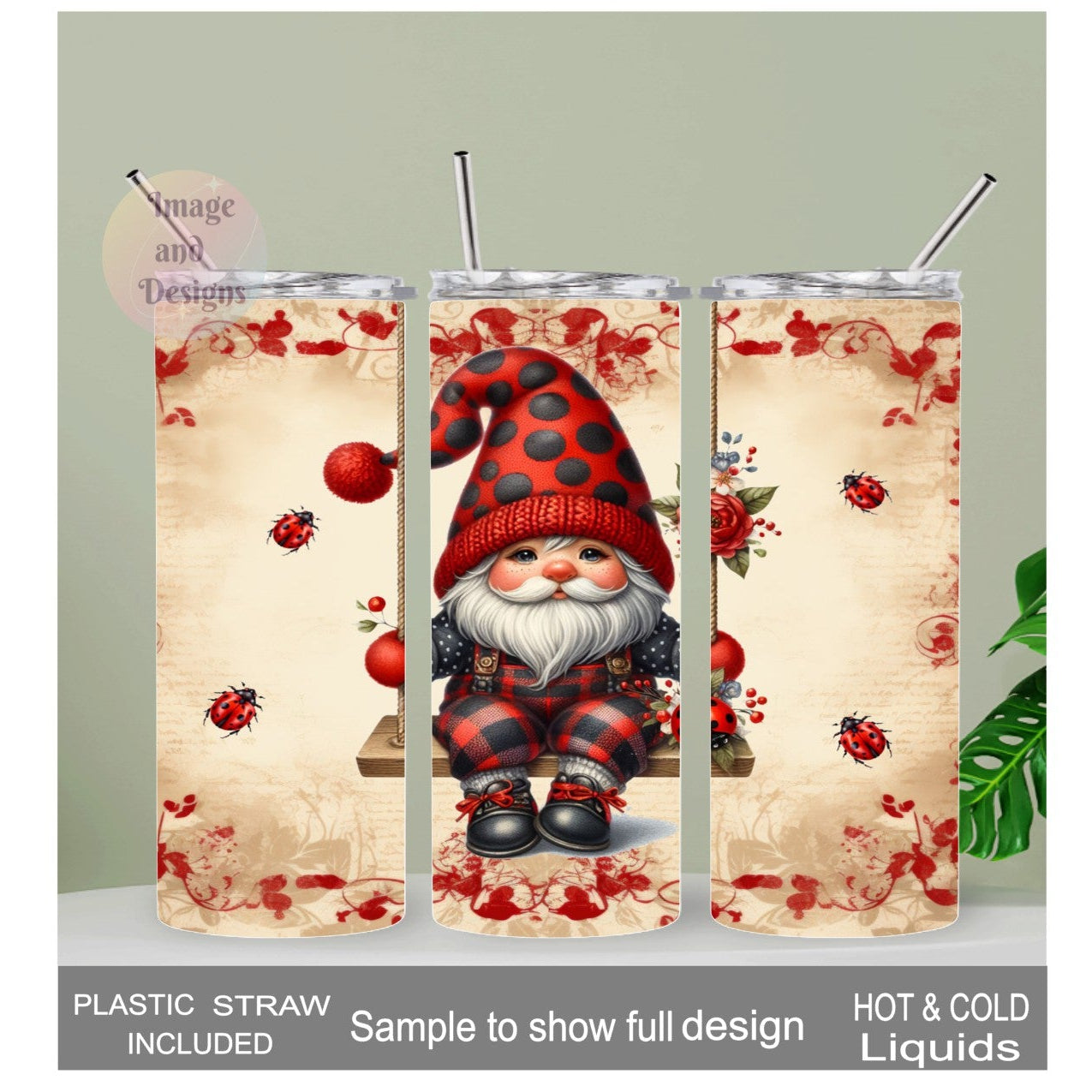 Ladybug Gnome Tumbler 20oz With Reusable Straw, Can Be Personalized