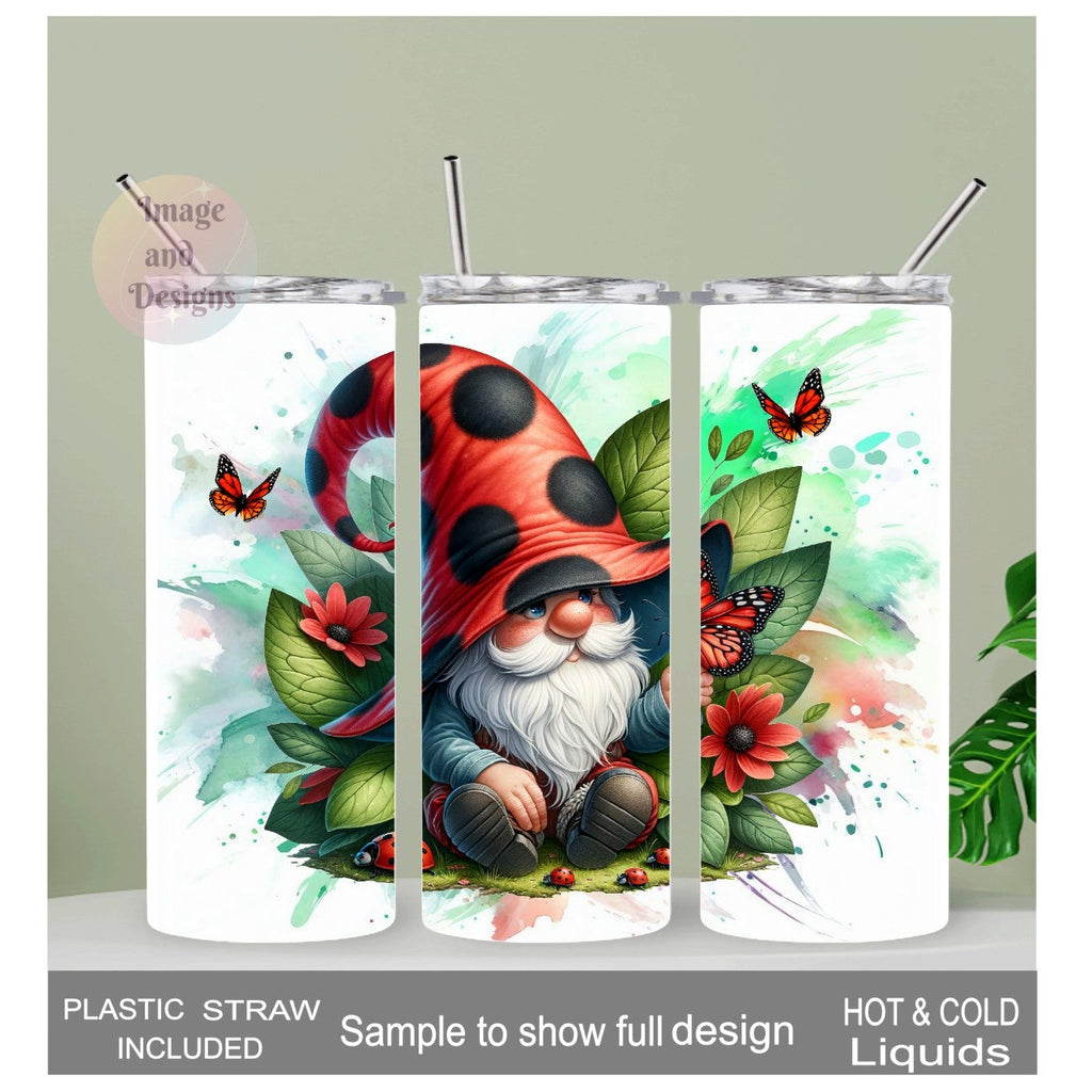 Ladybug Gnome Tumbler 20oz With Reusable Straw, Can Be Personalized