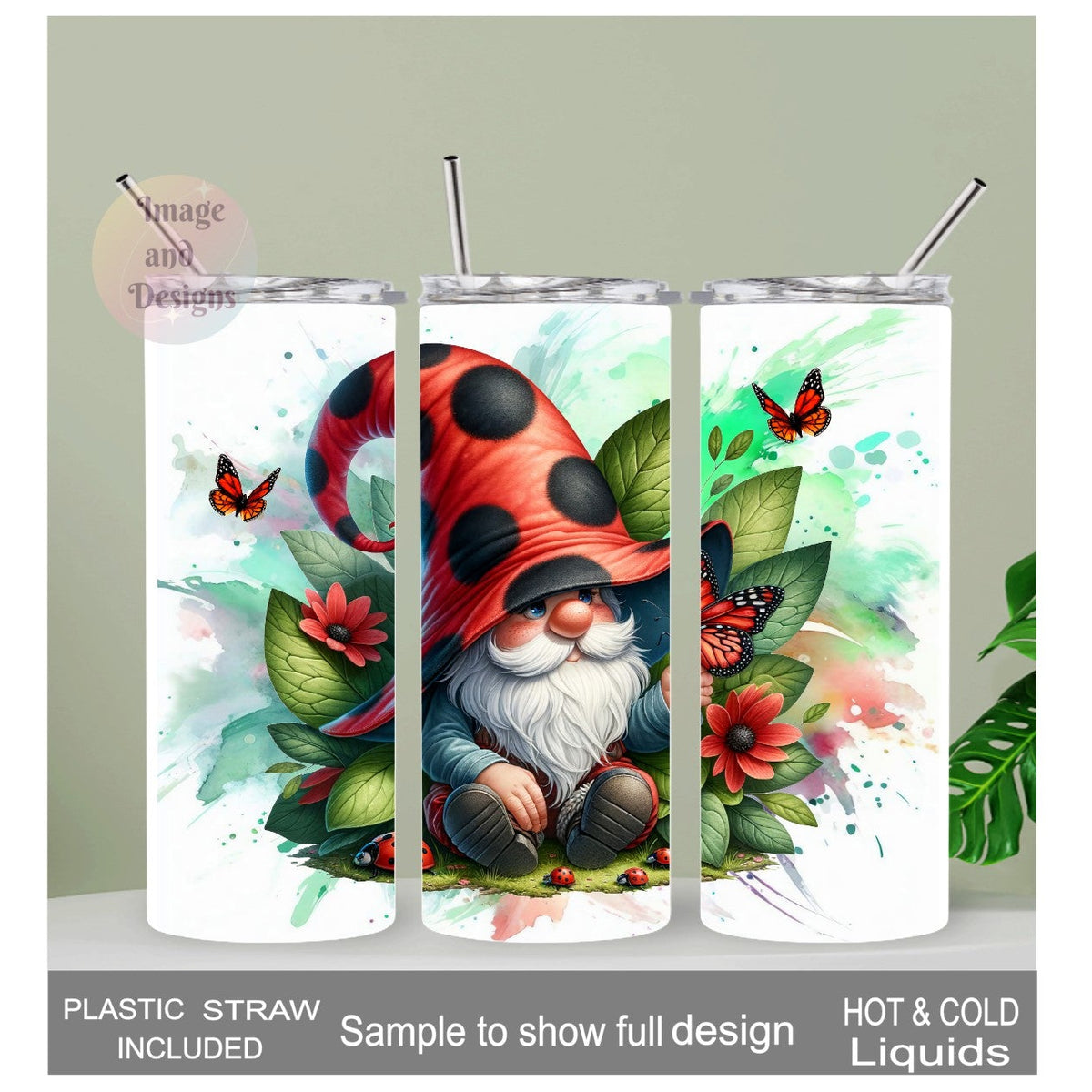 Ladybug Gnome Tumbler 20oz With Reusable Straw, Can Be Personalized