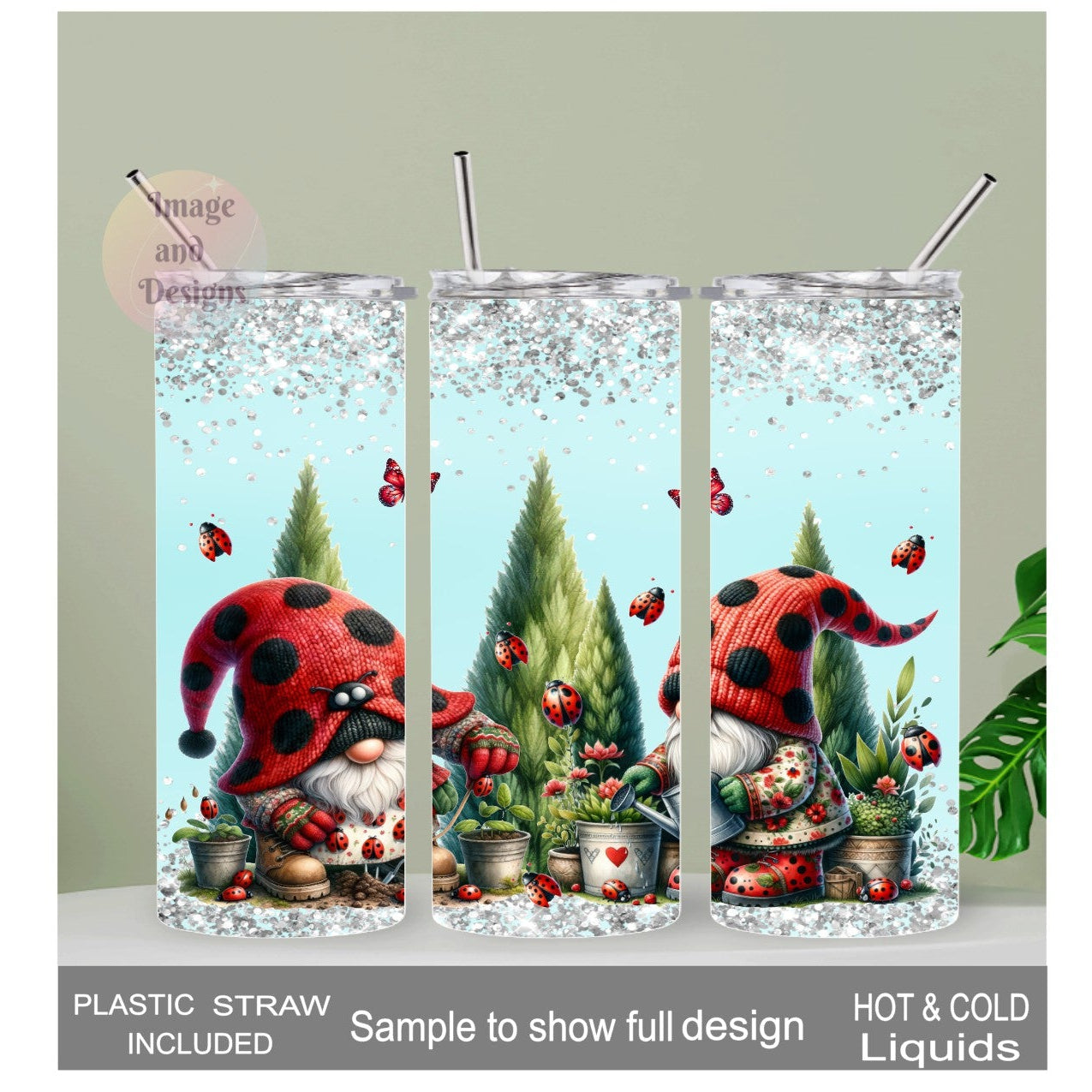 Ladybug Gnome Tumbler 20oz With Reusable Straw, Can Be Personalized