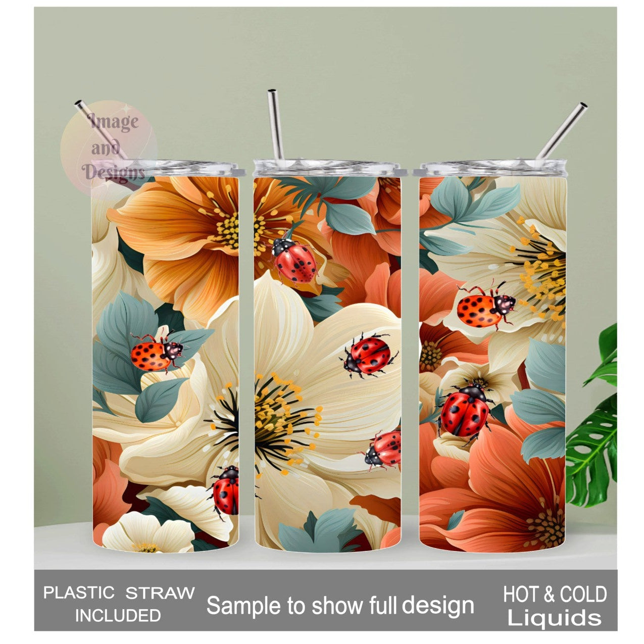 Floral Ladybug Tumbler 20oz With Reusable Straw Can Be Personalized