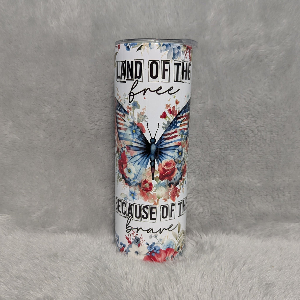 Beautiful Patriotic Butterfly Tumbler That Says Land Of The Free Because Of The Brave 20oz With Reusable Staw