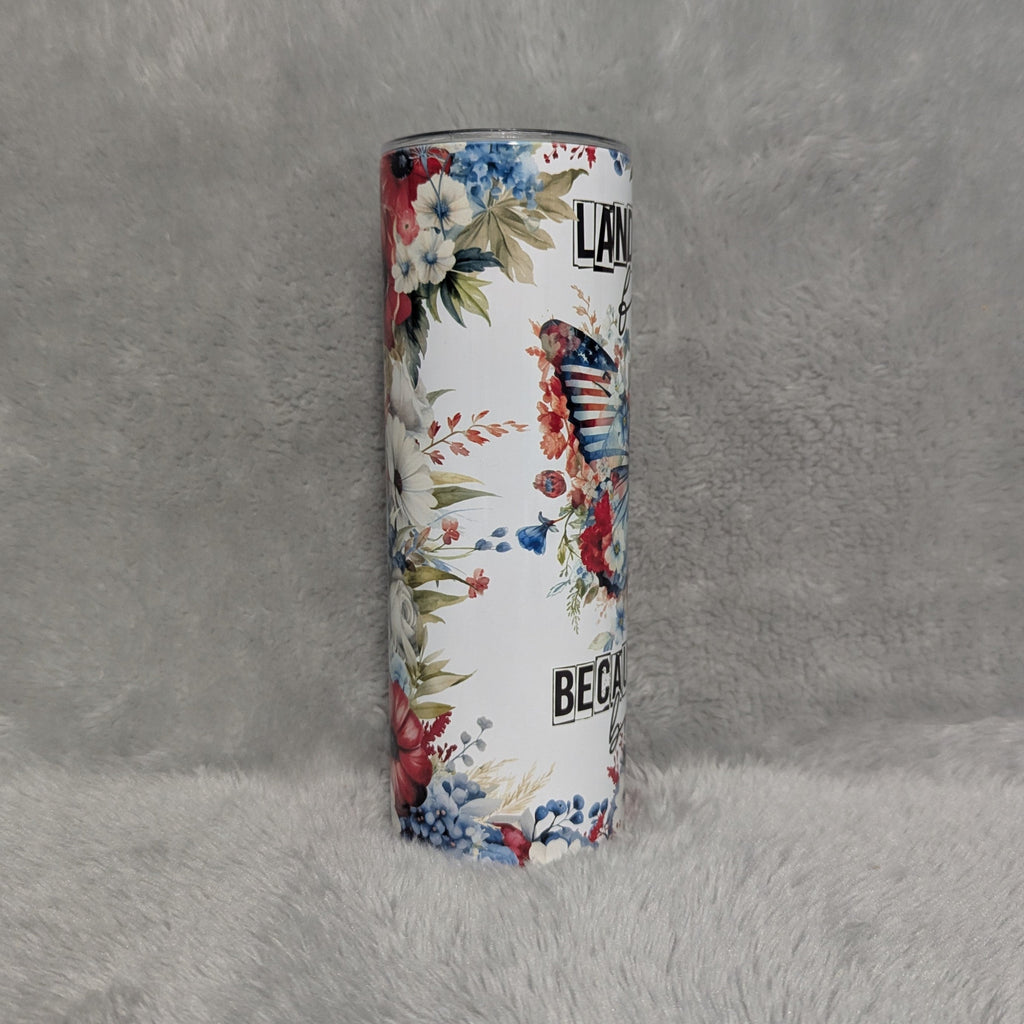 Beautiful Patriotic Butterfly Tumbler That Says Land Of The Free Because Of The Brave 20oz With Reusable Staw
