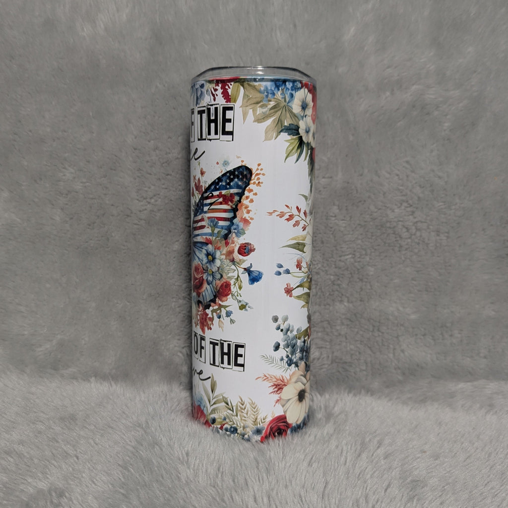 Beautiful Patriotic Butterfly Tumbler That Says Land Of The Free Because Of The Brave 20oz With Reusable Staw