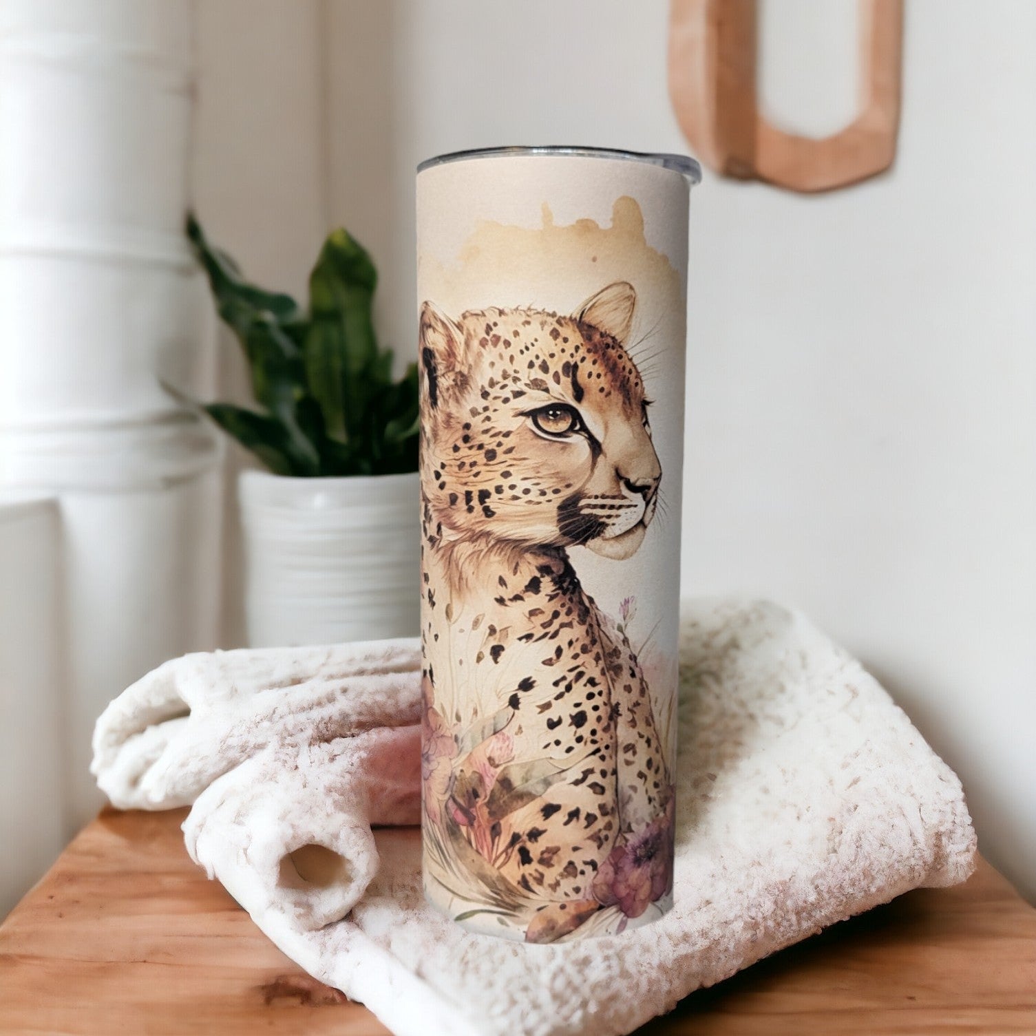 Leopard Tumbler with A Watercolor Design 20oz With Reusable Straw, Can Be Personalized