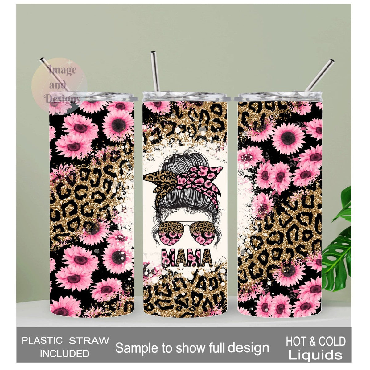 MAMA Tumbler With Pink Flowers and A Leopard Print 20oz With Reusable Straw