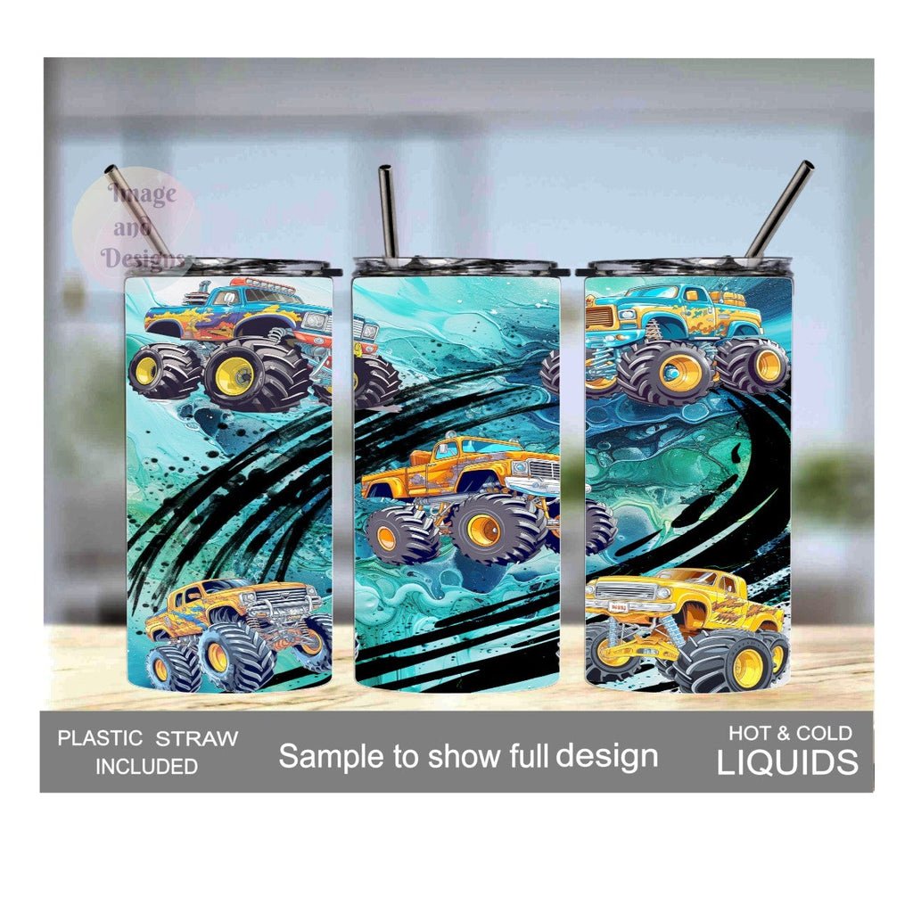 Kids Monster Truck Tumbler 15oz With Reusable Straw, Can Be Personalized