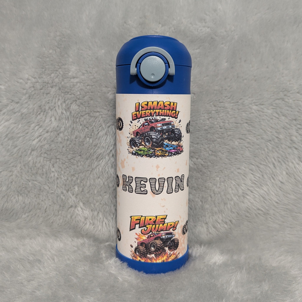 Kids Monster Truck Water Bottle 12oz With A Reusable Straw, Can Be Personalized