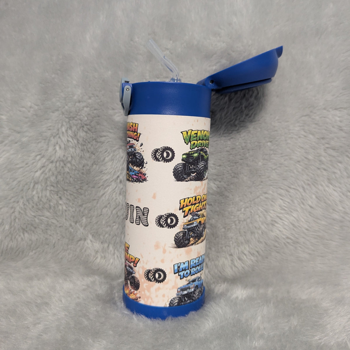 Kids Monster Truck Water Bottle 12oz With A Reusable Straw, Can Be Personalized