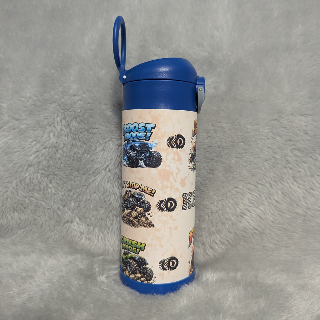Kids Monster Truck Water Bottle 12oz With A Reusable Straw, Can Be Personalized
