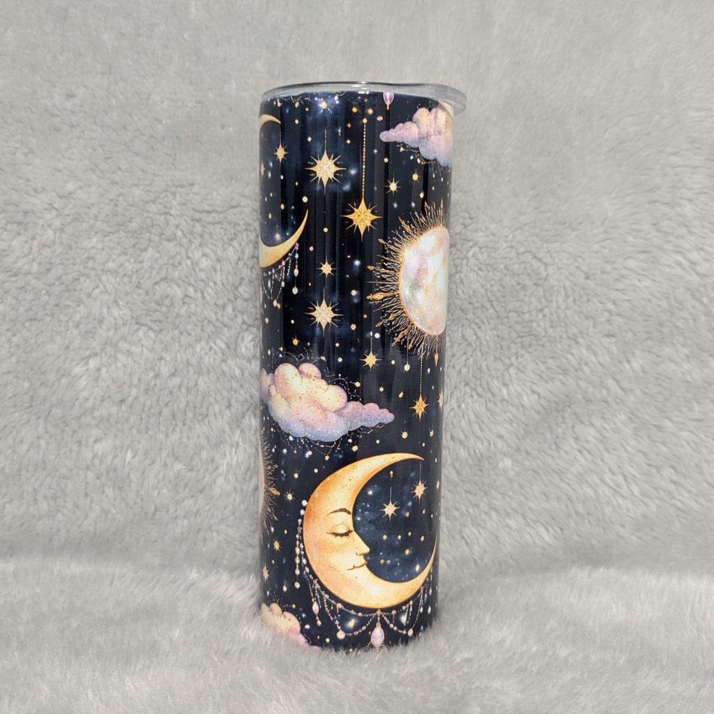 Nighttime Blue Tumbler - Moon, Sun & Clouds 20oz With Reusable Straw, Can Be Personalized